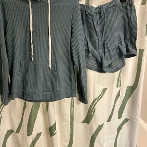 Blue Waffle Knit Hoodie and Shorts Set